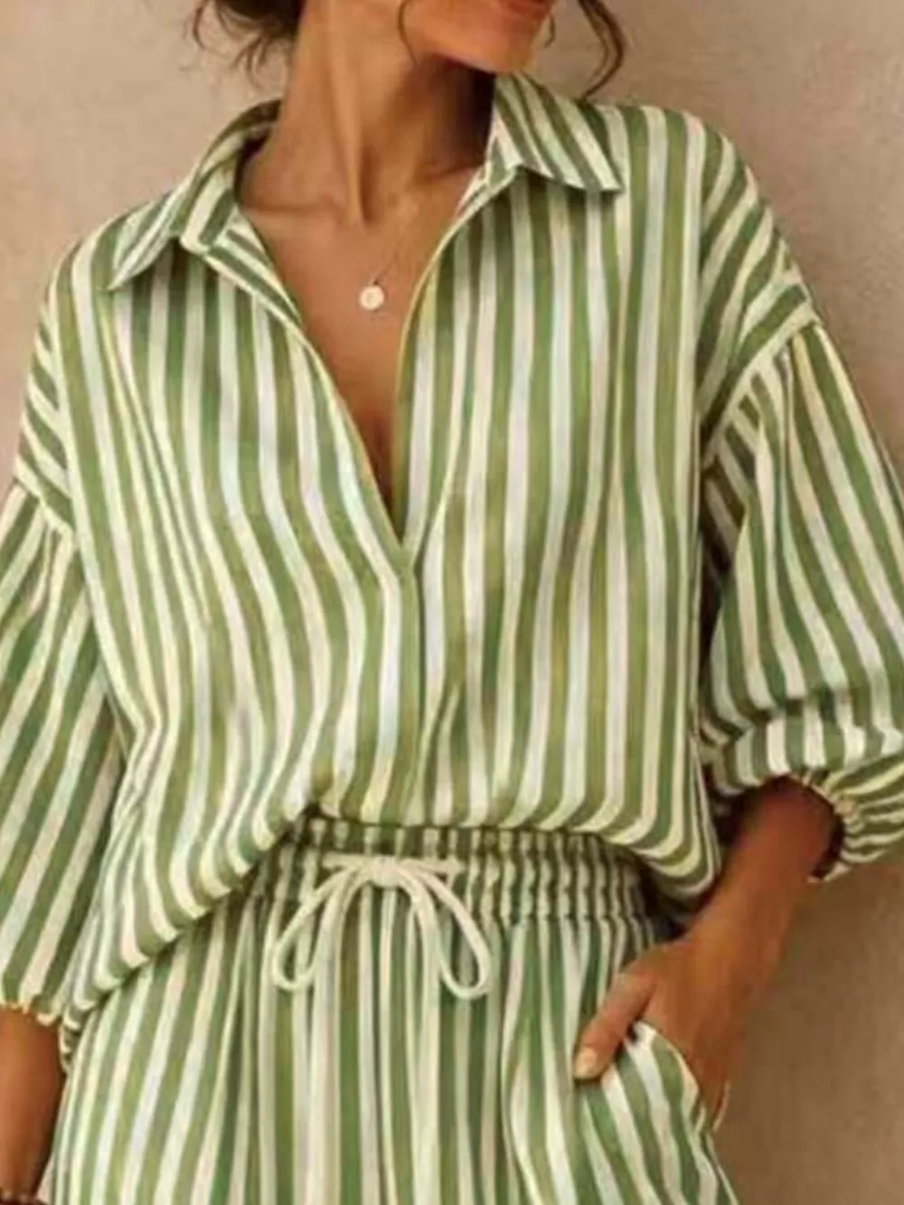 Full Size Striped Puff Sleeve Shirt and Wide-Leg Drawstring Pants Set Plus Size, image 14