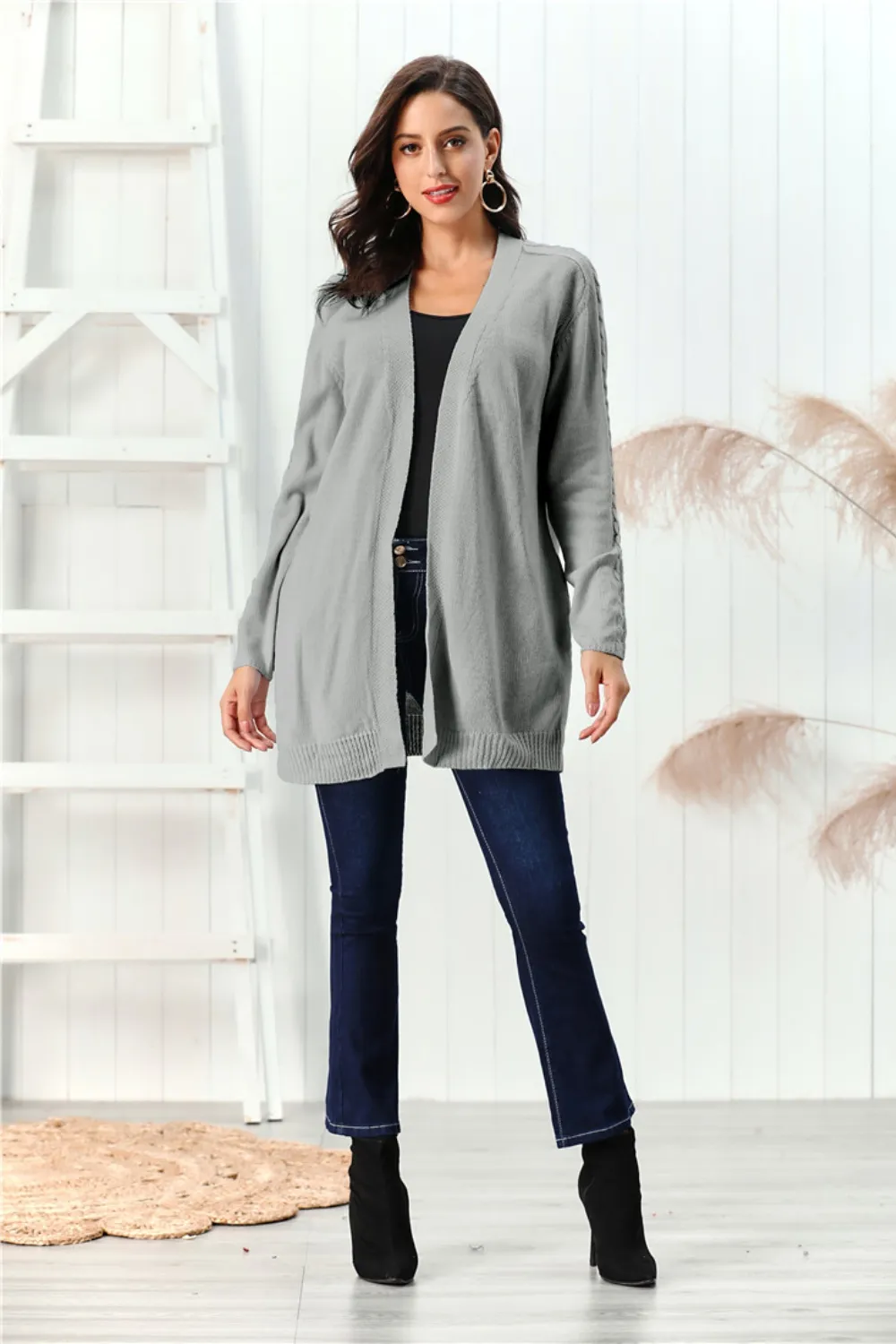Cable-Knit Open Front Long Sleeve Cardigan, image 11