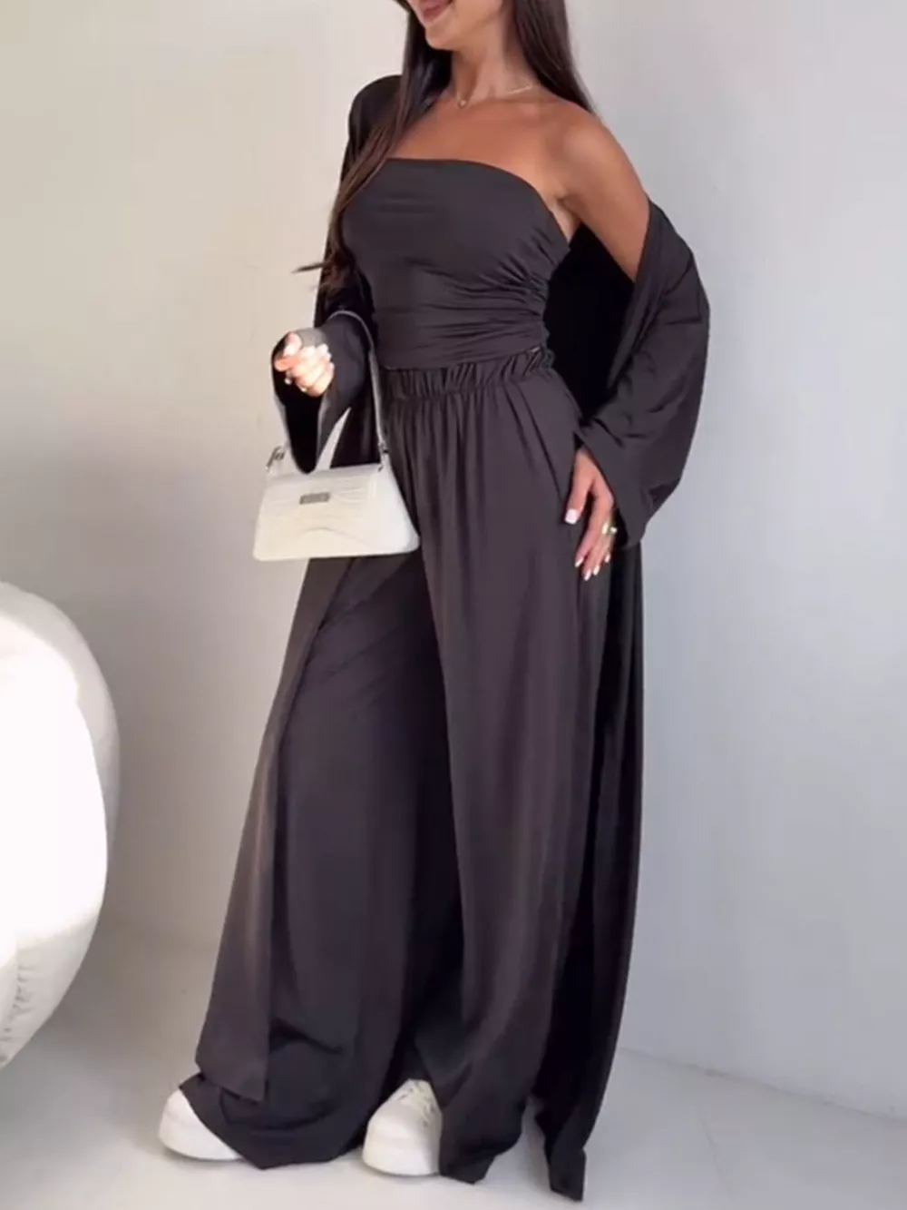 Chic Strapless Ruched Crop Top and Wide-Leg Pants with Cardigan 3-Piece Set, image 5