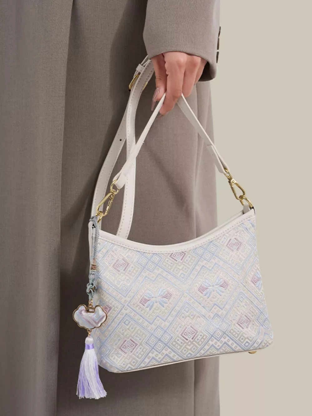 Geometric Pattern Jacquard Crossbody Bag with Tassel Charm