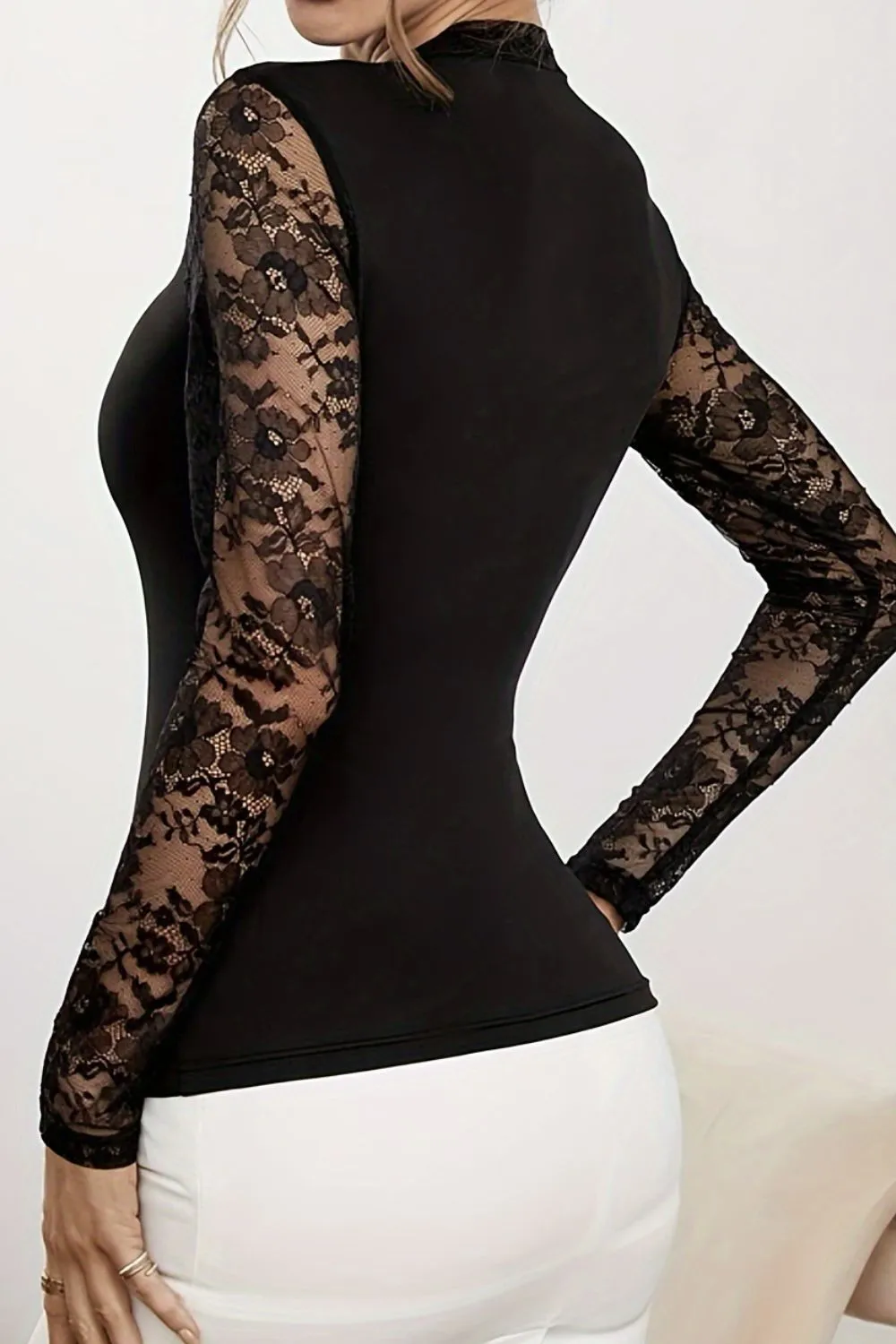 Lace Patchwork Mock Neck Long Sleeve Blouse, image 4