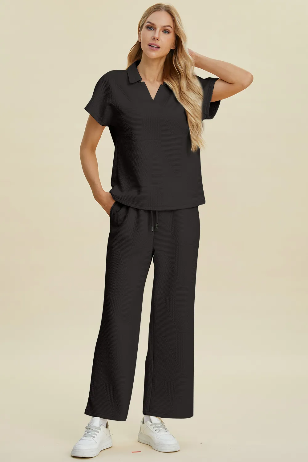Full Size Collared Neck Short Sleeve Top and Pants Set, image 9
