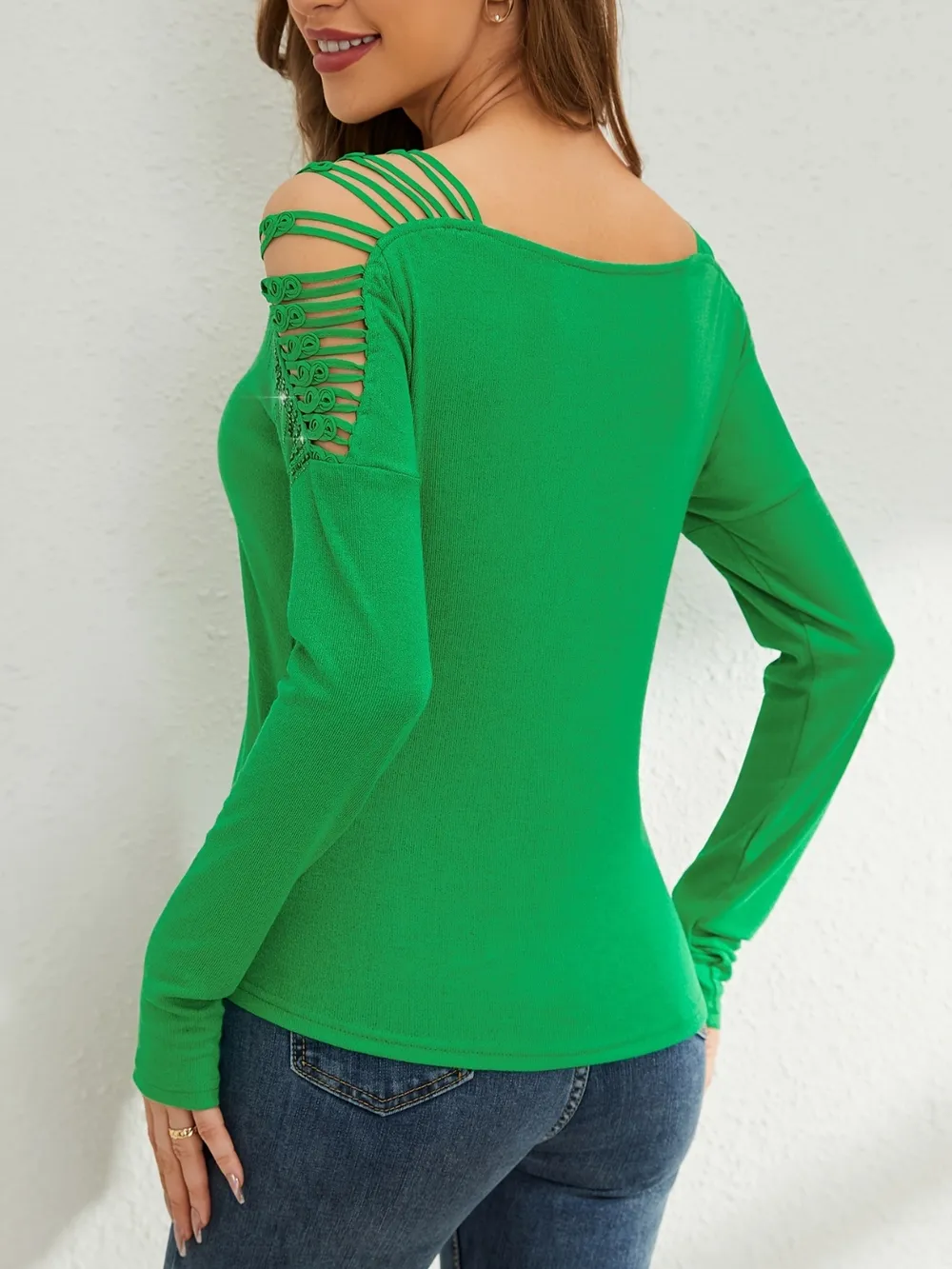Rhinestone Cutout Long Sleeve T-Shirt, image 14