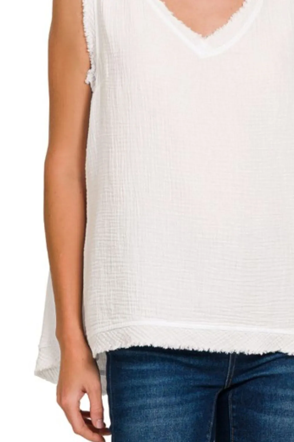 Double Gauze Raw Edge V-Neck Tank, image 3