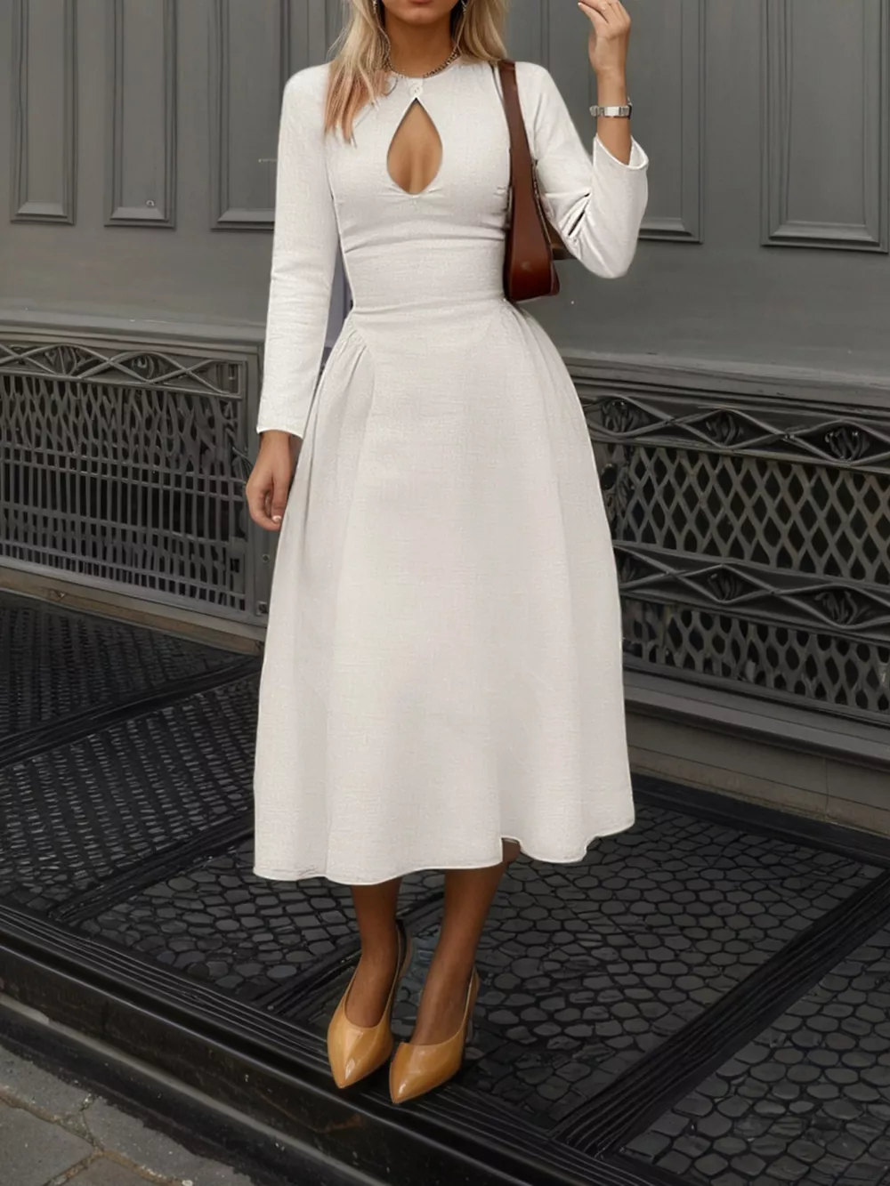 Cutout Front Long Sleeve A-Line Dress, image 6