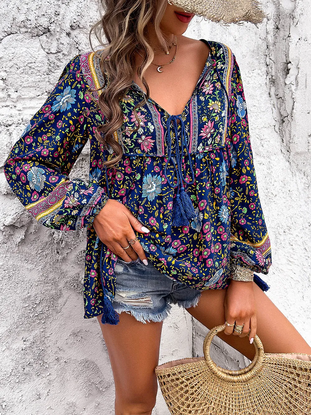 Printed Tie Neck Long Sleeve Blouse, image 5