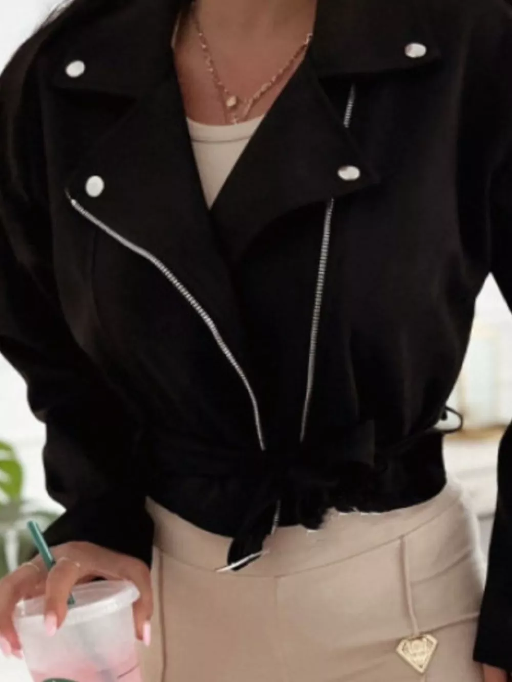 Cropped Biker Jacket with Belt Detail, image 2