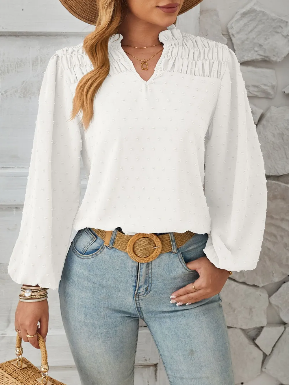 Ruched Swiss Dot Notched Balloon Sleeve T-Shirt, image 2