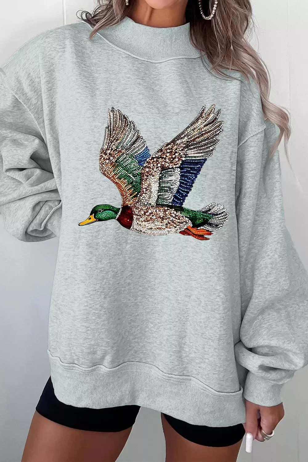 Western Style Mallard Duck Printed Graphic Baggy Mock Neck Sweatshirt
