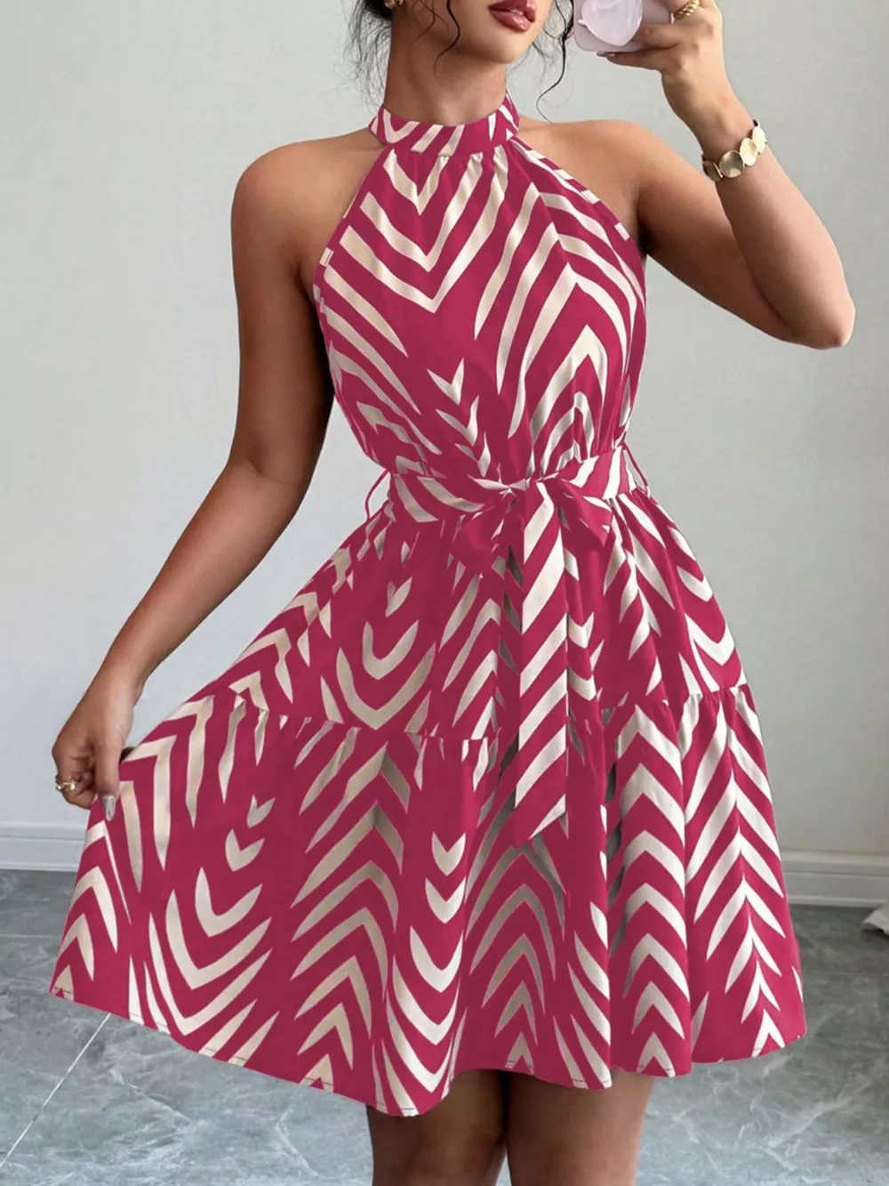 Zebra Print Halter Neck Tie Waist Ruffle Hem Dress, image 12