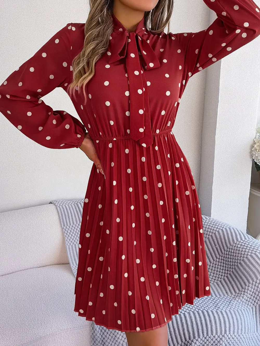 Polka Dot Tie Neck Pleated Dress, image 16