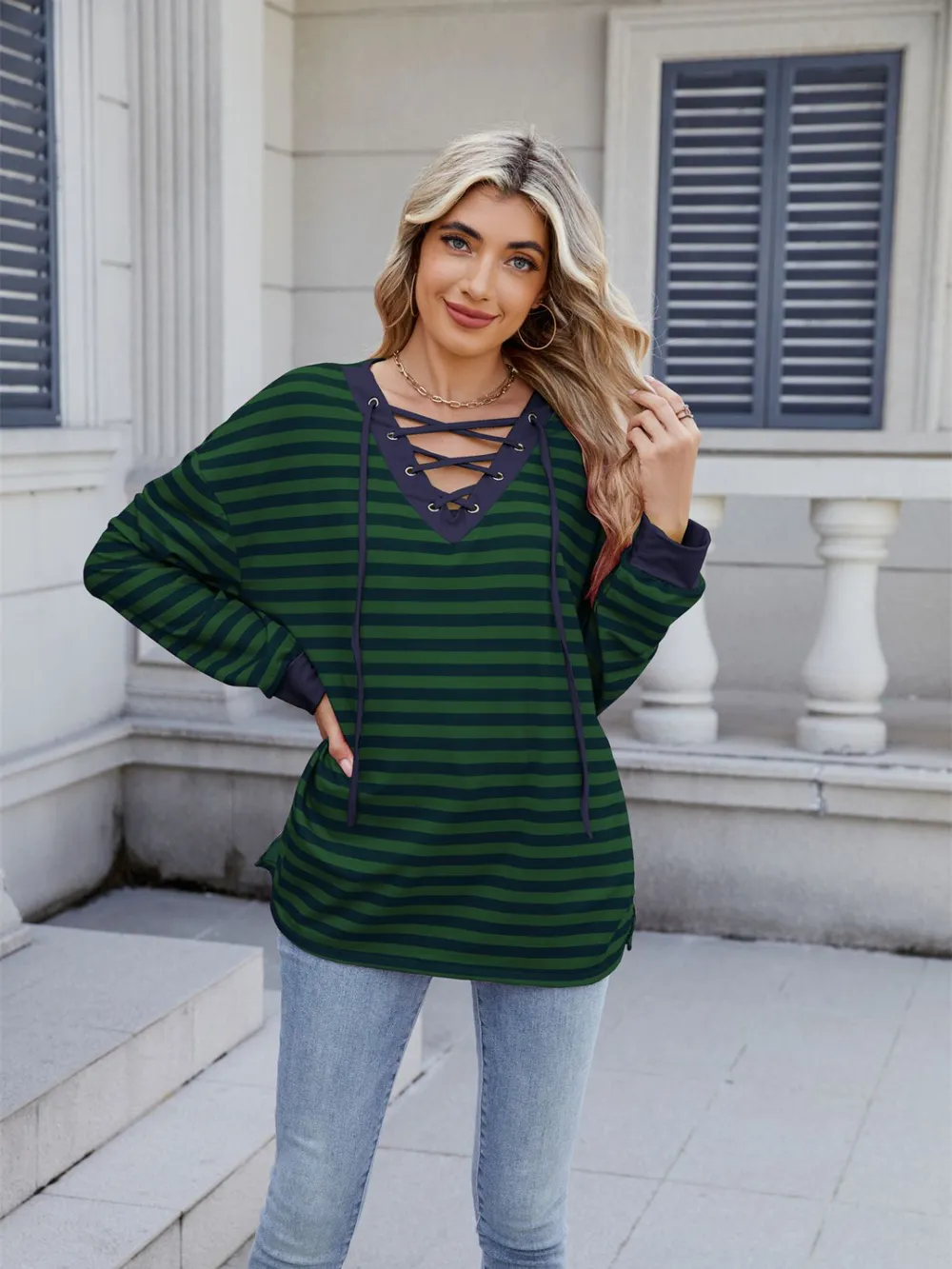 Lace-Up Striped Long Sleeve T-Shirt, image 21