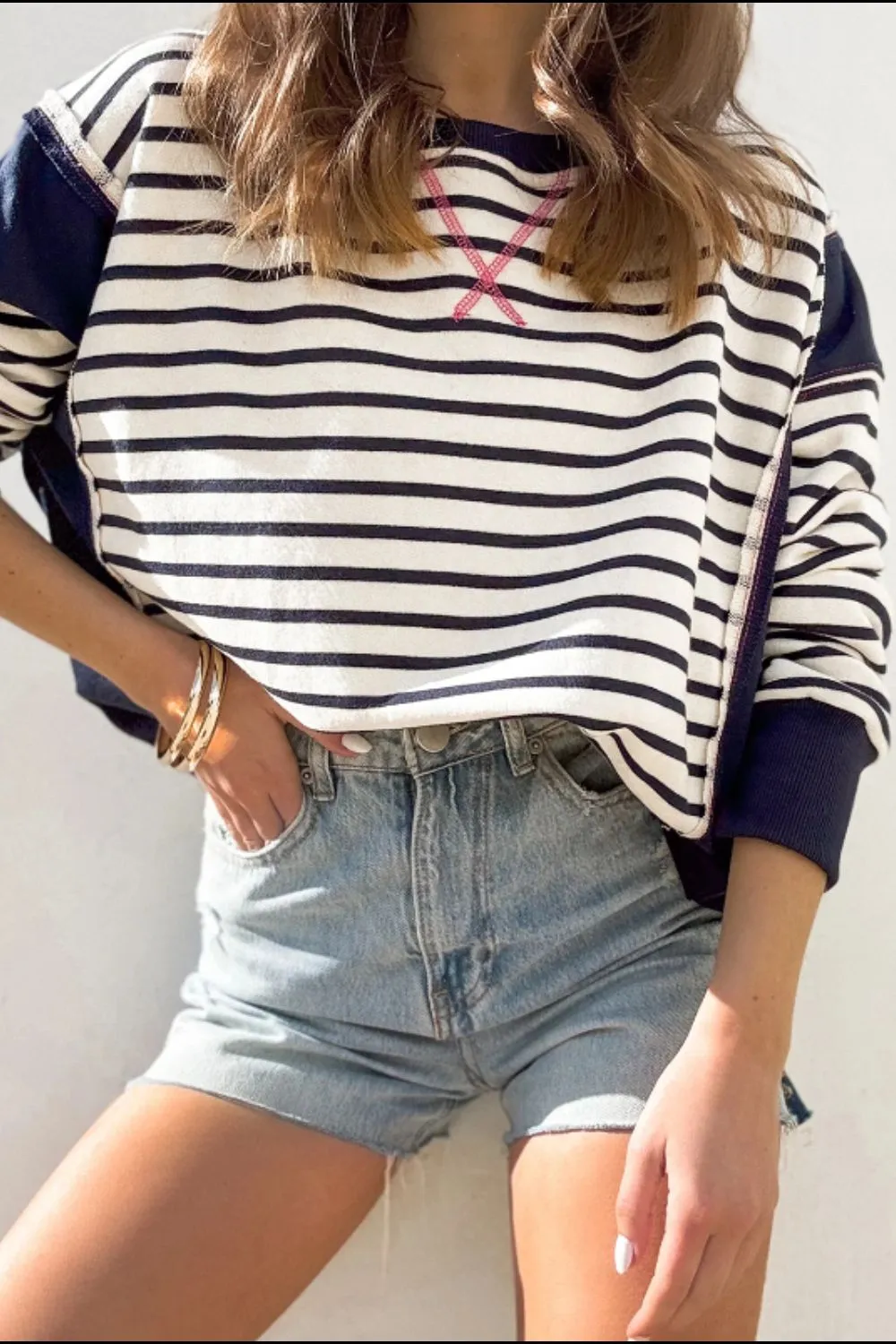 Exposed Seam Striped Long Sleeve Sweatshirt, image 7