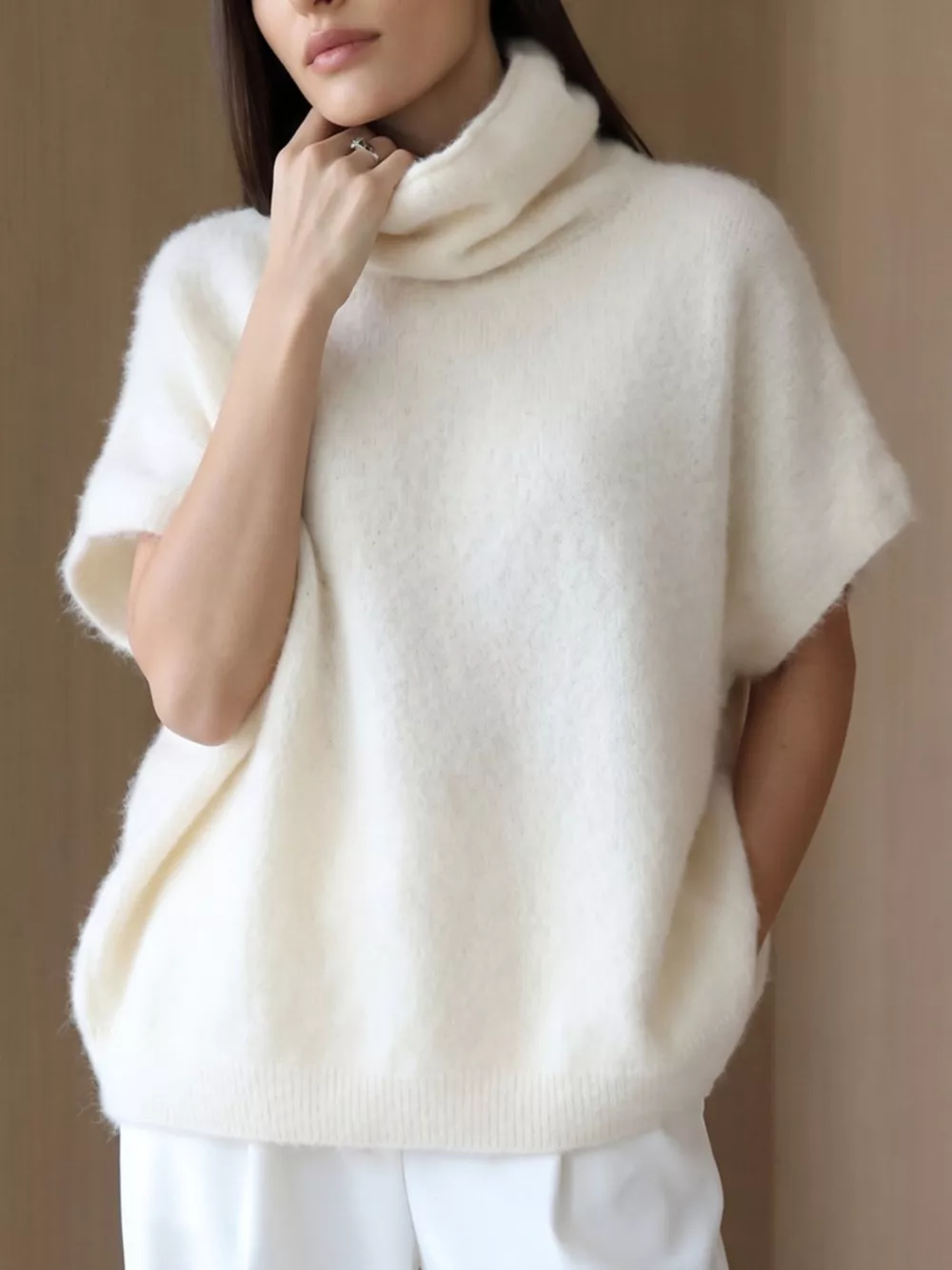 Turtleneck Fuzzy Short Sleeve Sweater
