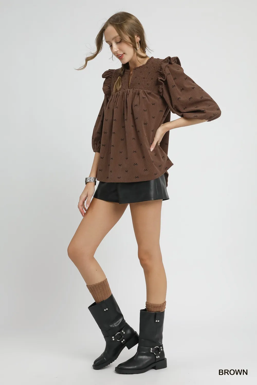 Bow Print Corduroy Puff Sleeve Blouse with Ruffled, image 4