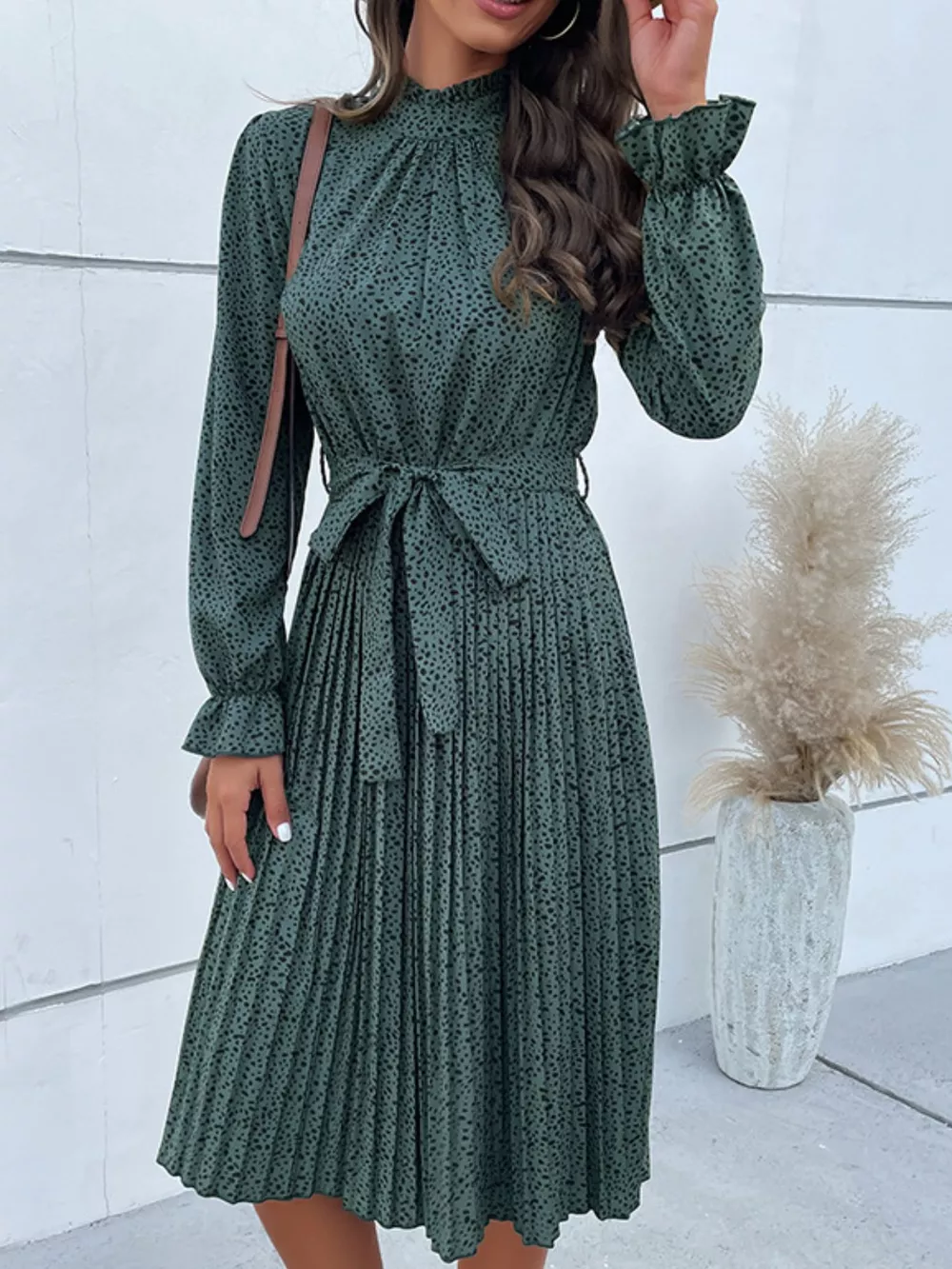 Animal Print Mock Neck Flounce Sleeve Dress, image 11