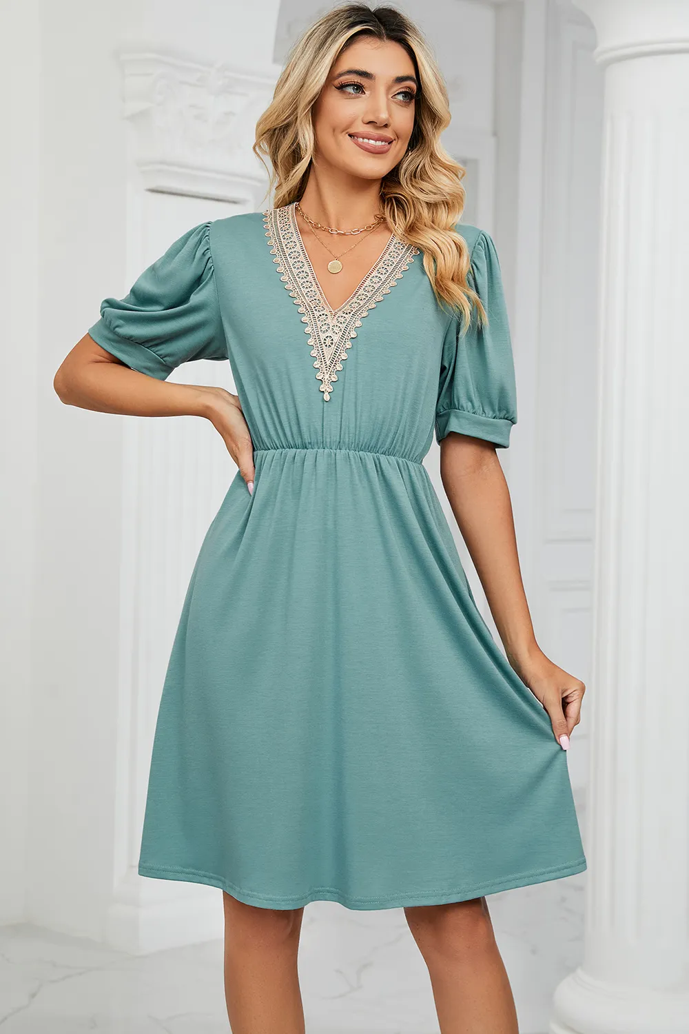 V-Neck Puff Sleeve Dress, image 15