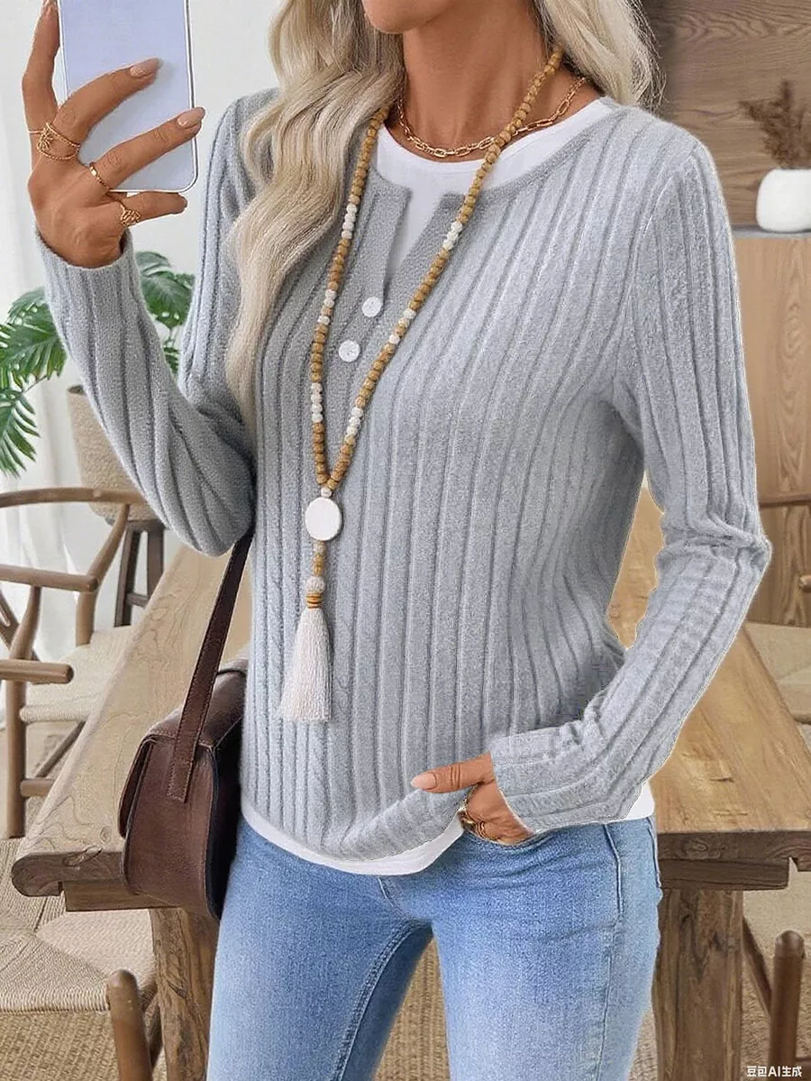 Ribbed Knit Long Sleeve Fake Two-Piece T-Shirt, image 9