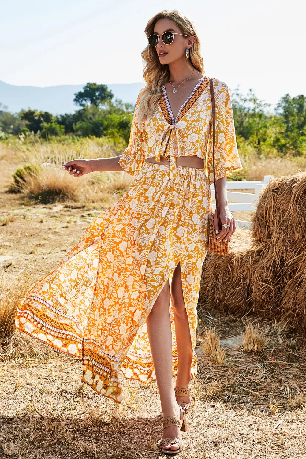 Printed Half Sleeve Top and Slit Skirt Set, image 7
