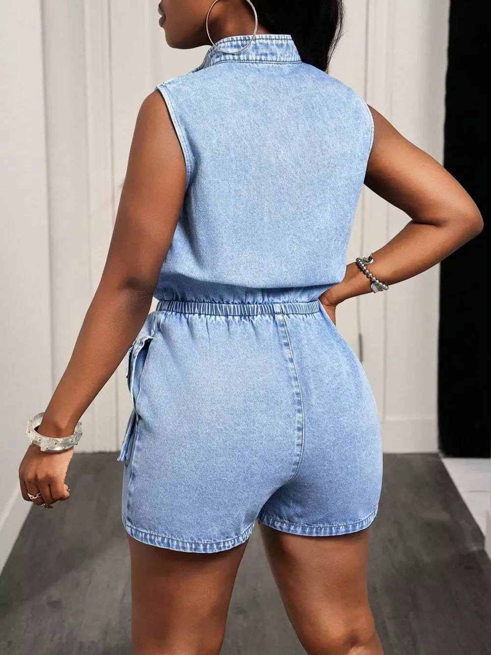 Sleeveless Zip-Front Denim Romper, image 5