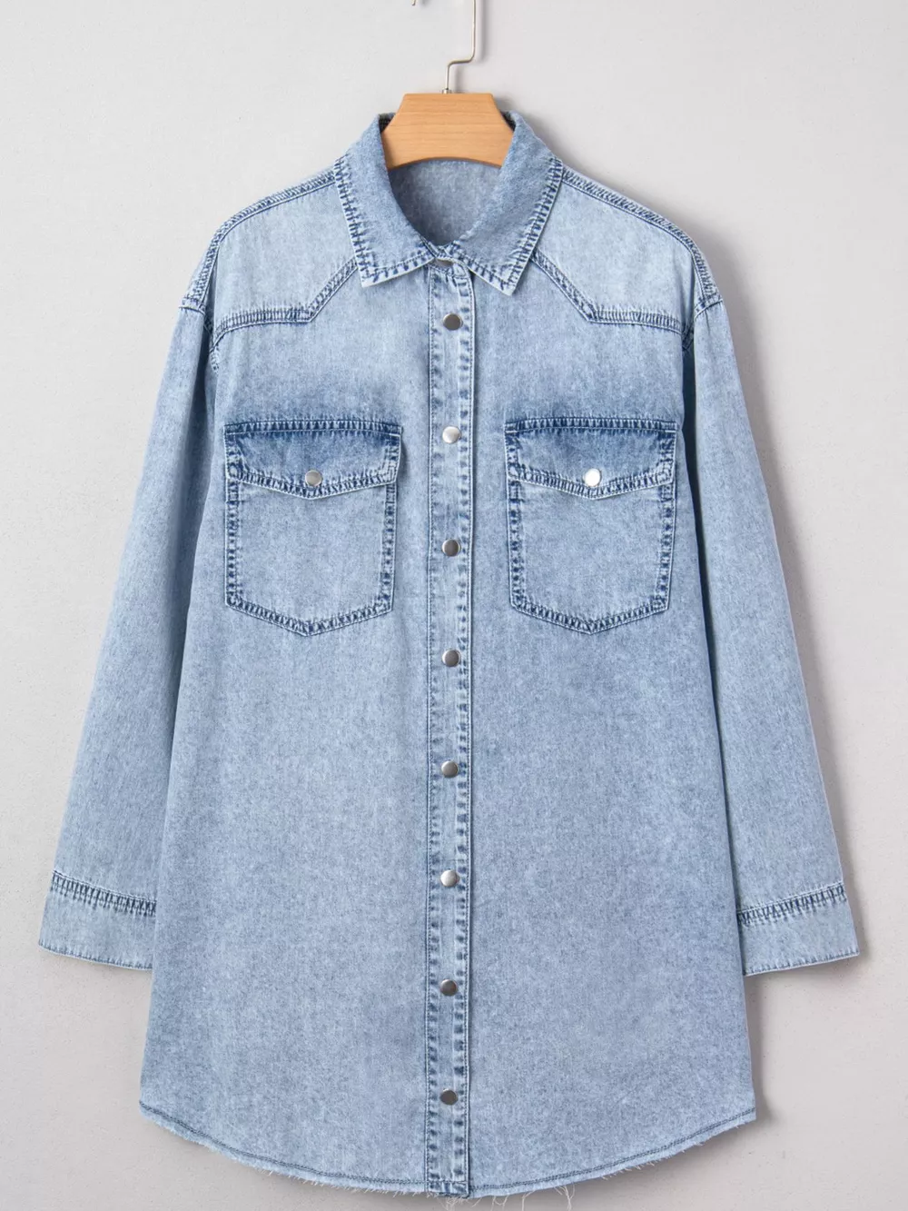 Chest Pocket Raw Hem Denim Loose Shirt Dress, image 5