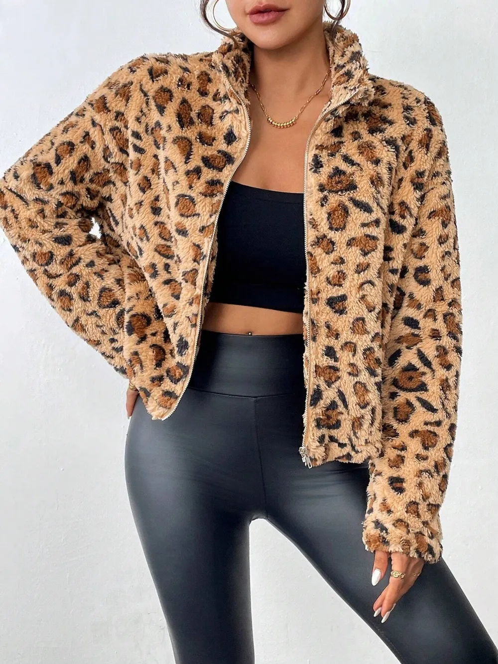 Fuzzy Turtleneck Leopard Zip Up Jacket, image 2