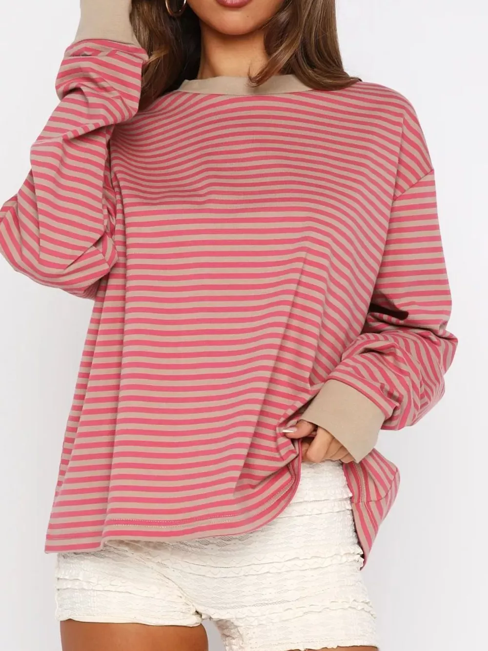 Striped Oversized Round Neck Sweatshirt, image 11