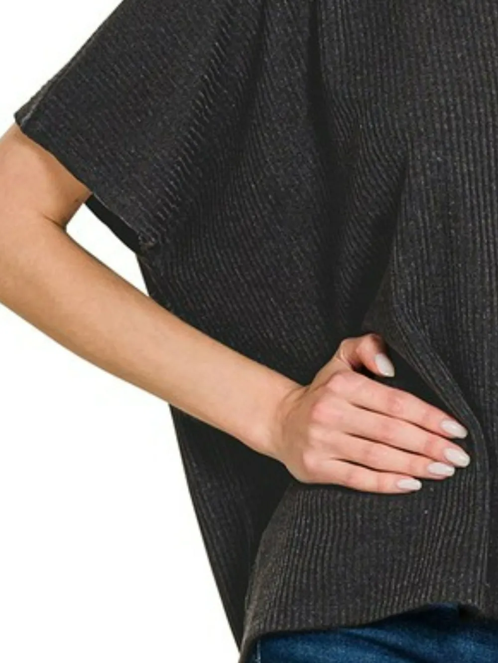 Ribbed Round-Neck Short-Sleeve Knit Top, image 3