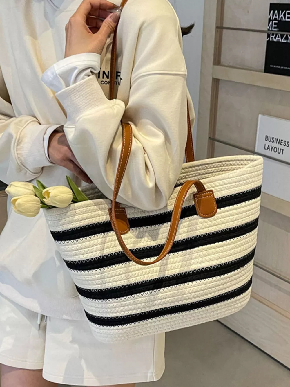 Striped Straw Tote Bag, image 6