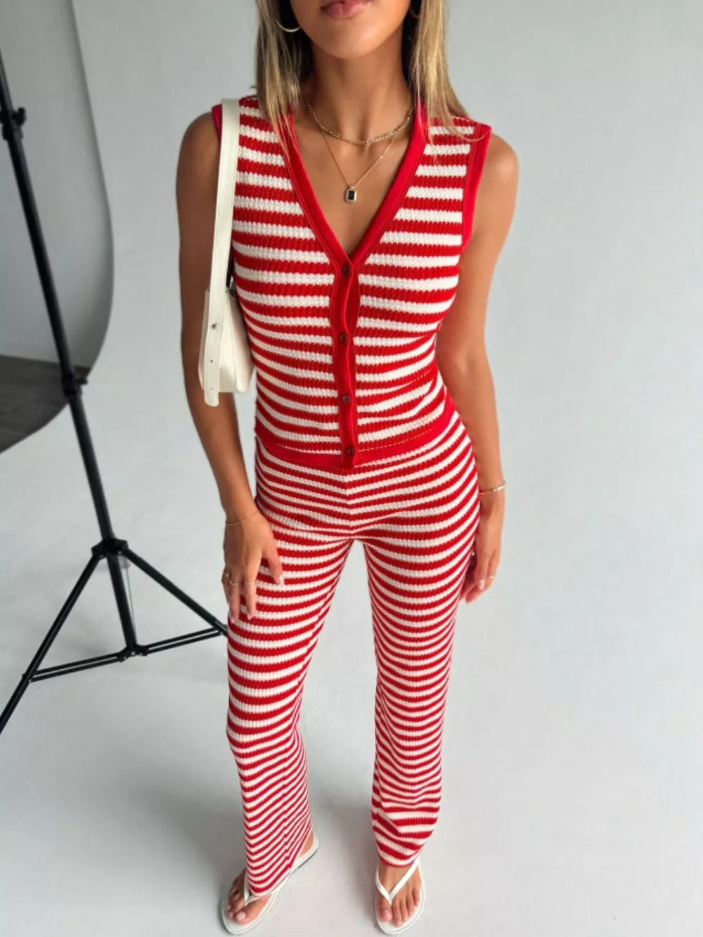 Striped Knit V-Neck Button-Up Sleeveless Top and Flare Pants Set, image 22