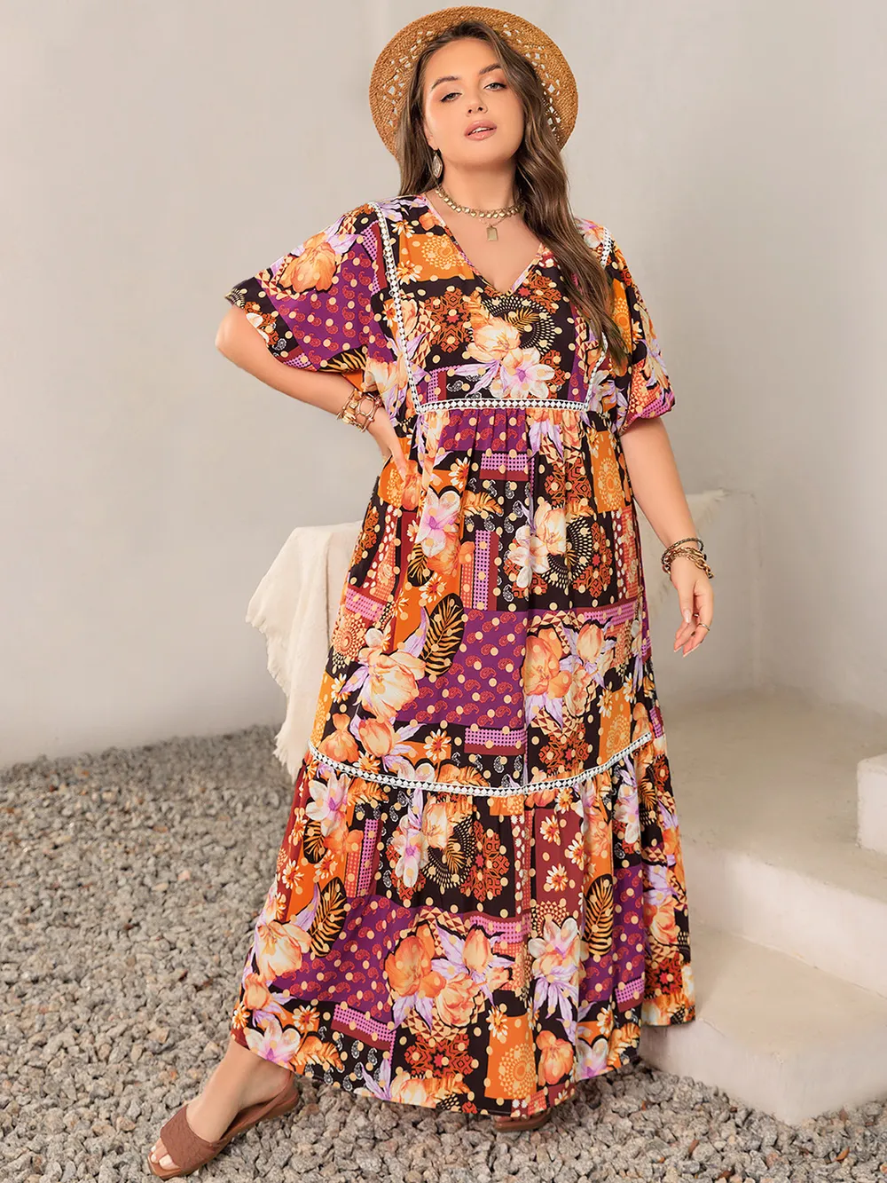 Plus Size Printed V-Neck Half Sleeve Maxi Dress, image 6