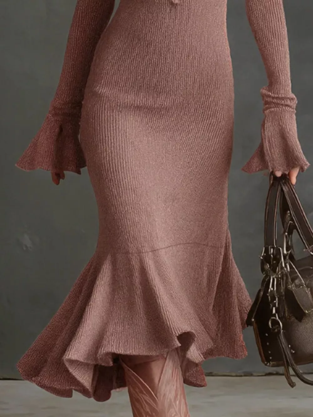 Ribbed Knit Zip Front Flare Hem Midi Dress, image 21