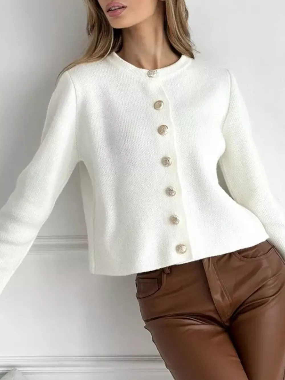 Crew-Neck Button Down Cardigan, image 4