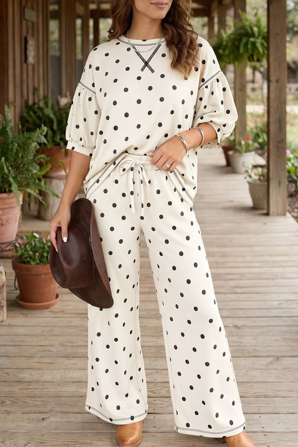 Polka Dot Half Sleeve Top and Pants Set