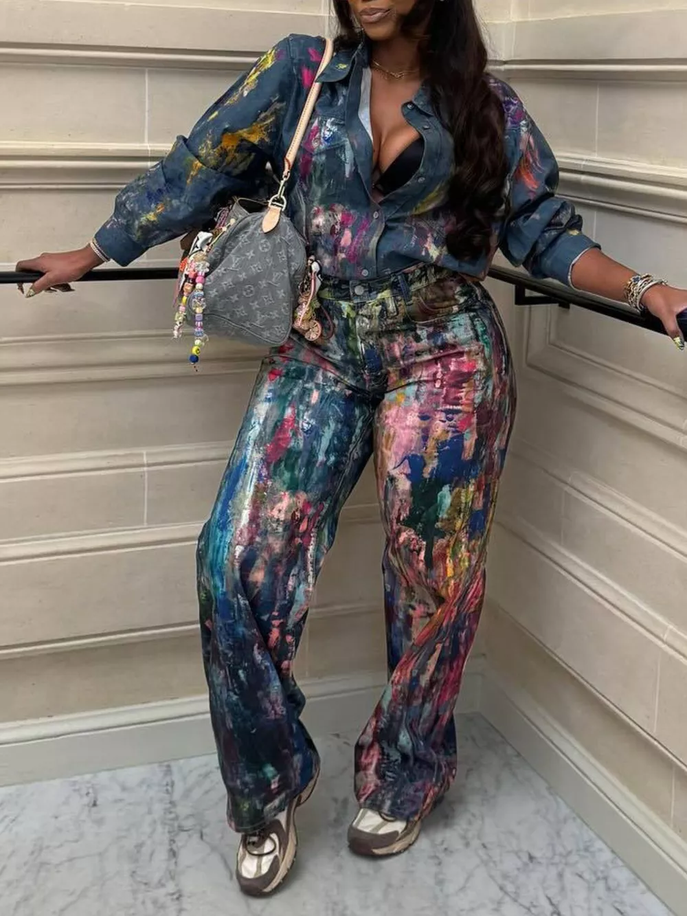 Artistic Painted Long Sleeve Denim Shirt, image 6