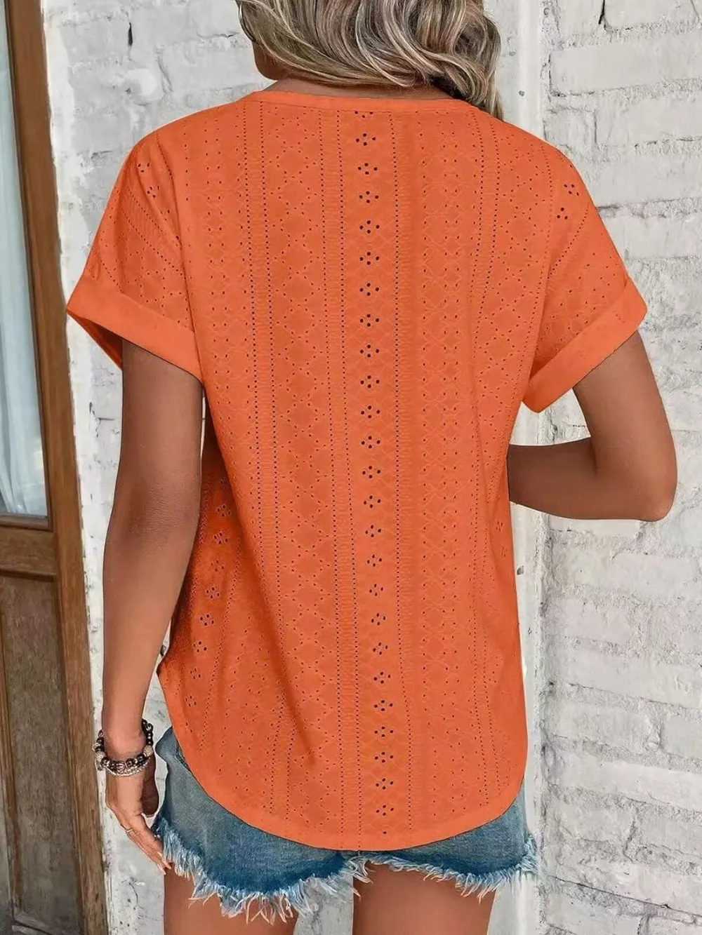 Eyelet Round Neck Short Sleeve Top, image 24
