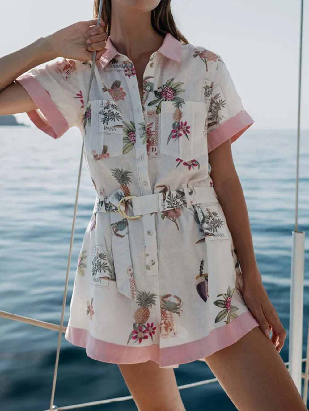 Printed Short Sleeve Romper with Belt, image 5