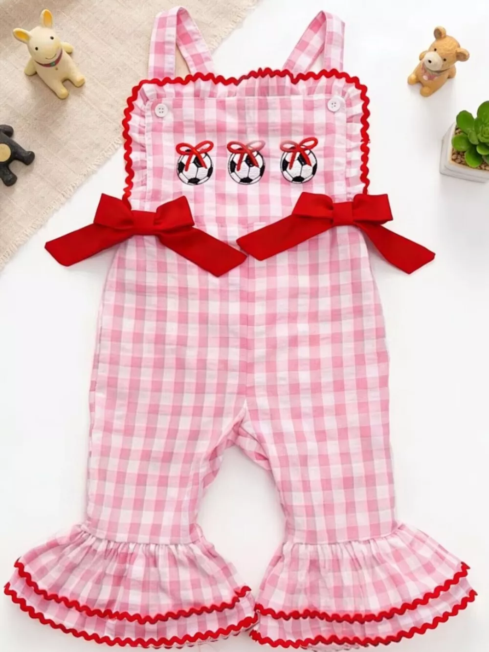 Children's Gingham Soccer Ball Embroidered Ruffle Hem Jumpsuit, image 6