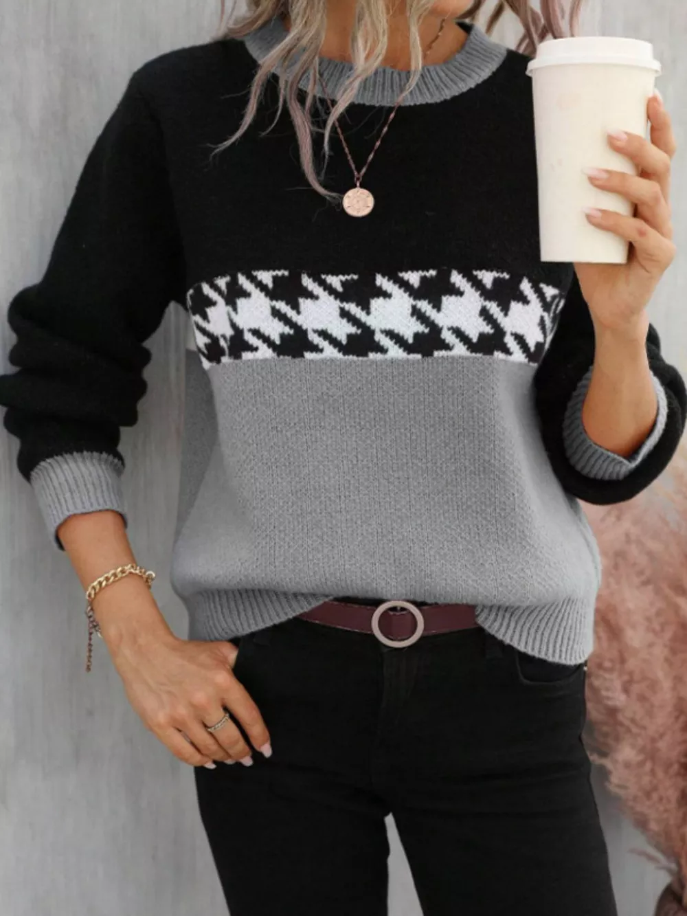 Houndstooth Pattern Color Block Sweater, image 9