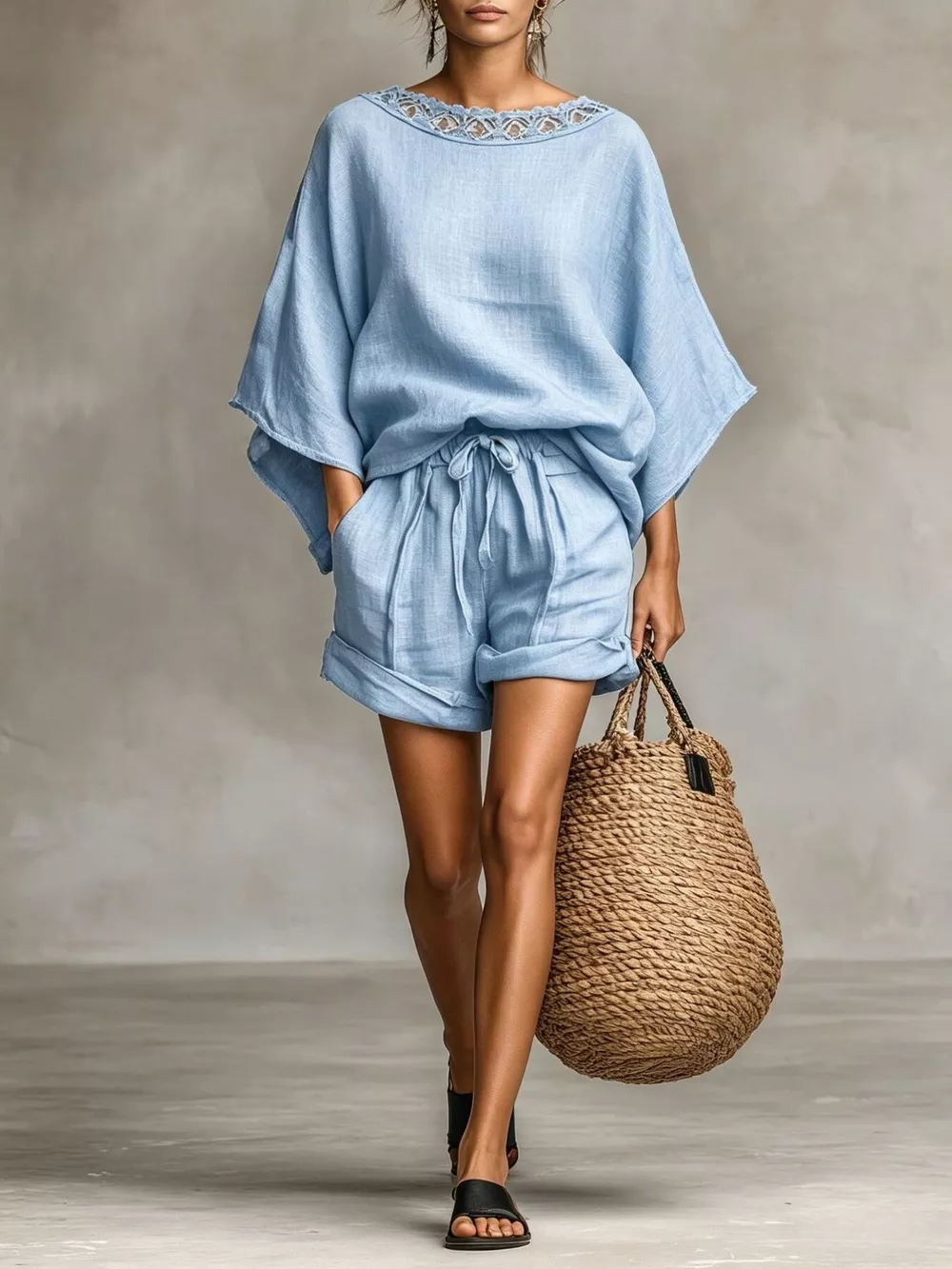 Lace Trim Top and Drawstring Shorts Set, image 4