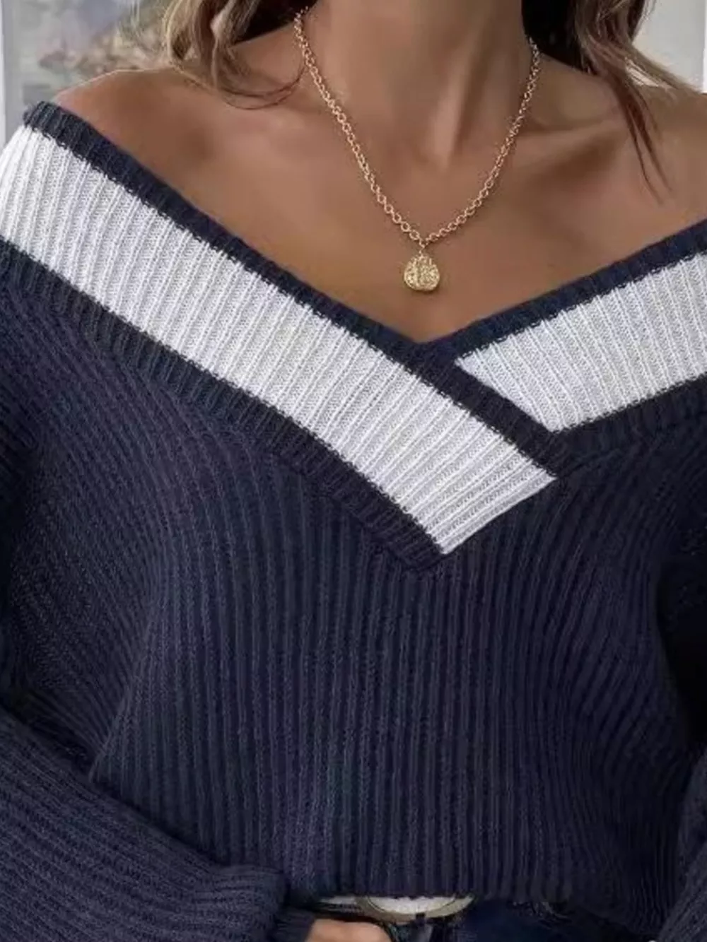 Contrast Trim V-Neck Ribbed Sweater, image 16