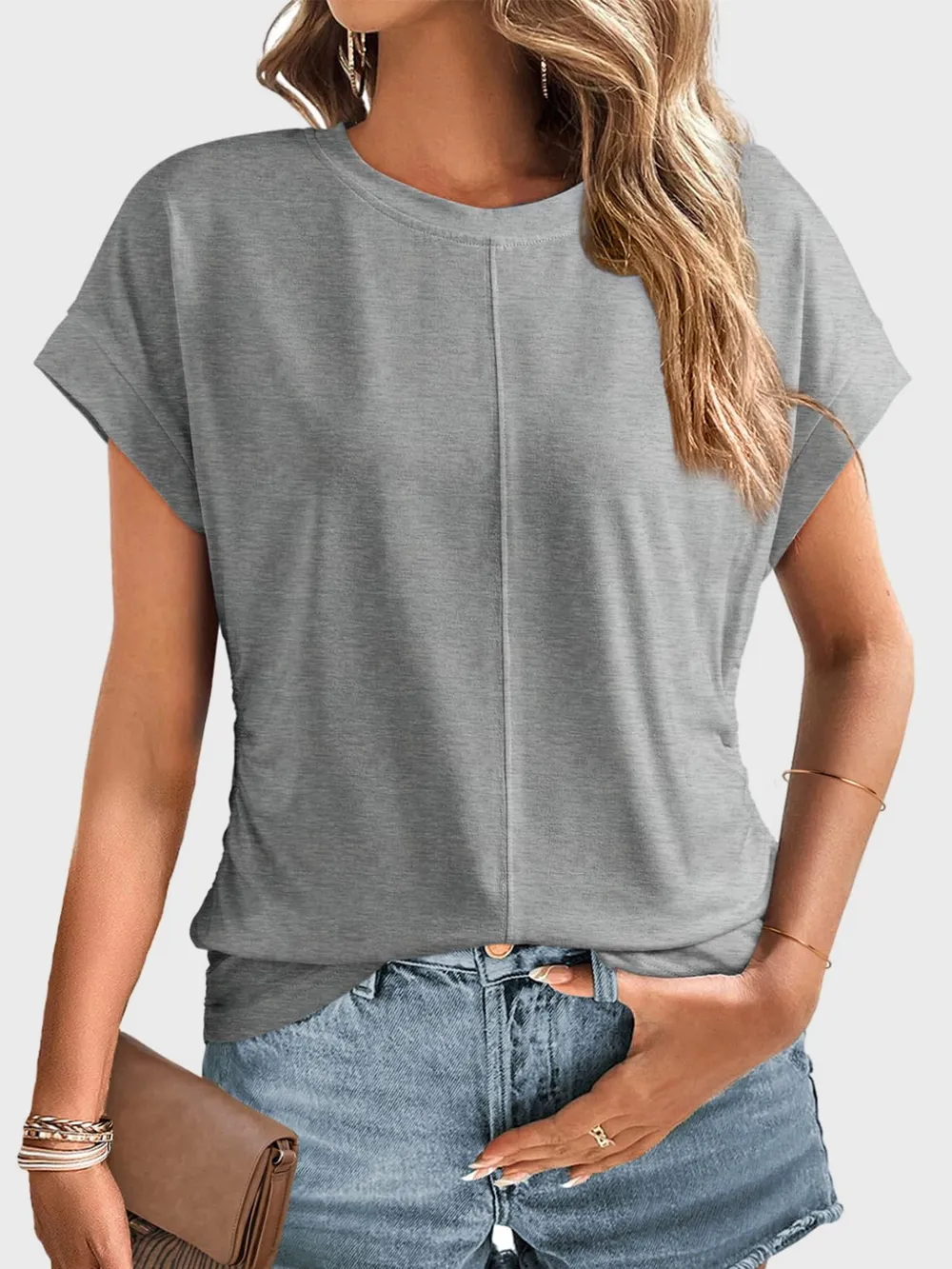 Ruched Round Neck Short Sleeve T-Shirt, image 12