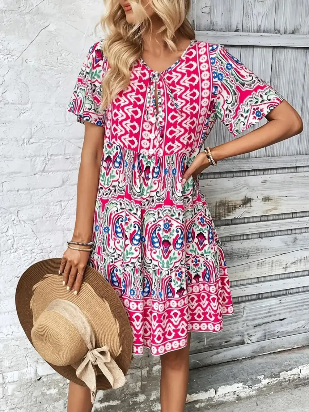 Printed Tie Neck Short Sleeve Dress, image 10
