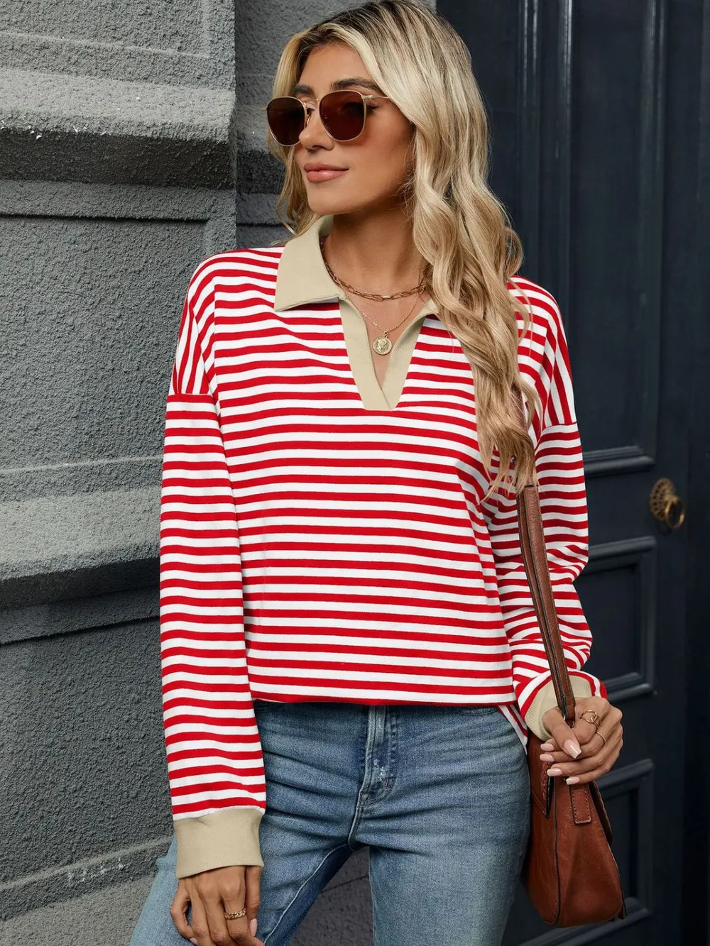 Striped Johnny Collar Long Sleeve Sweatshirt, image 2