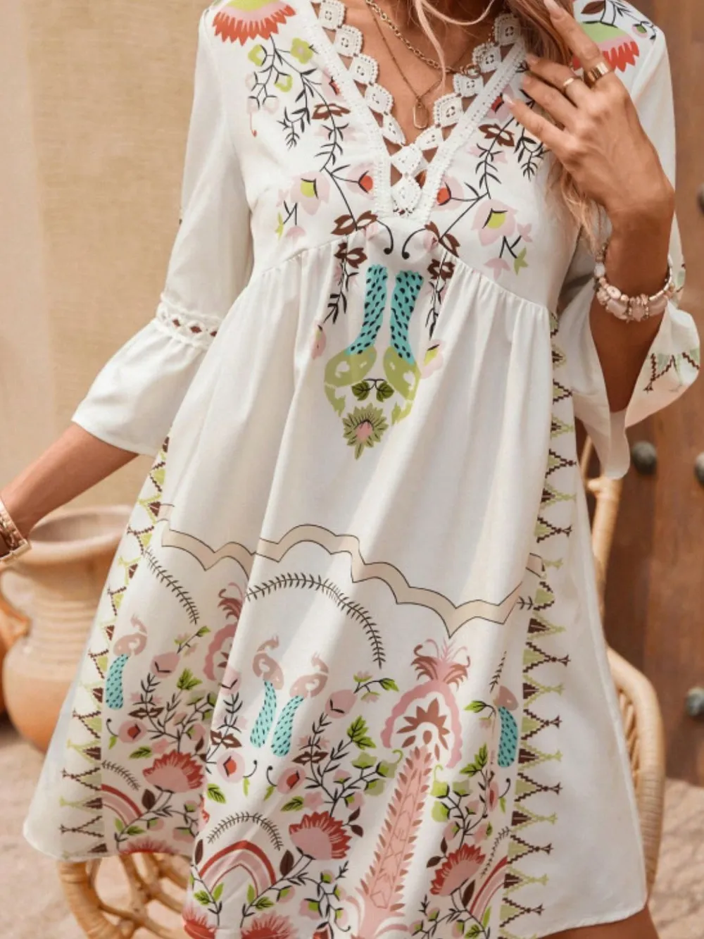Lace Detail Printed Three-Quarter Sleeve Dress, image 11
