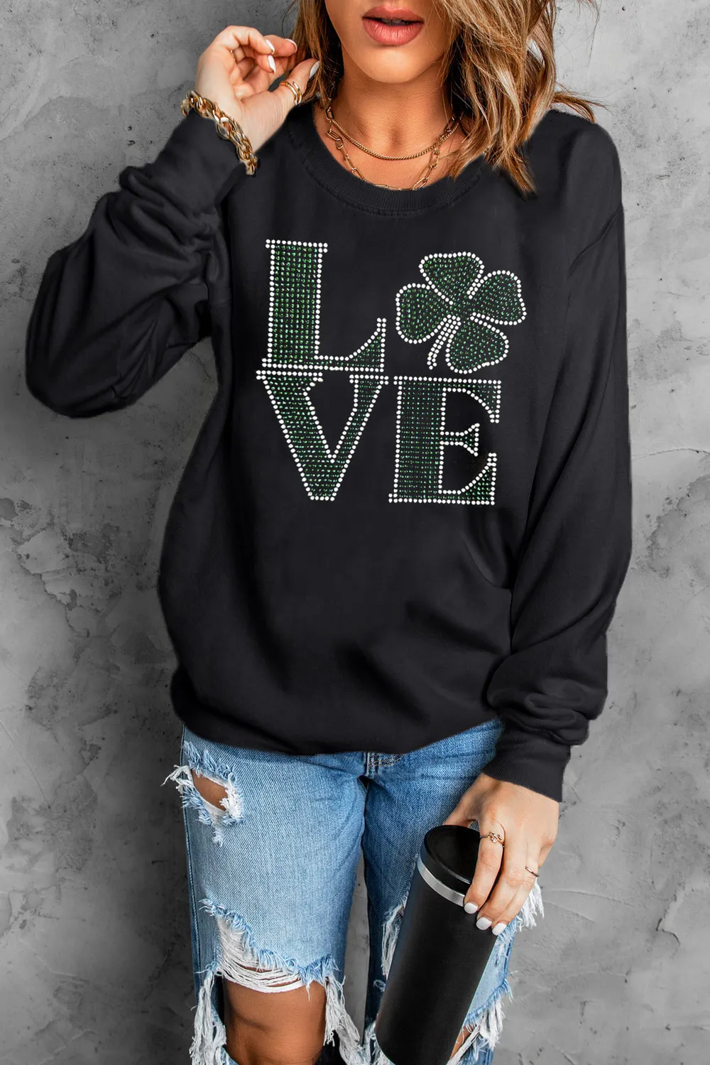 LOVE Rhinestone Clover Round Neck Sweatshirt, image 4