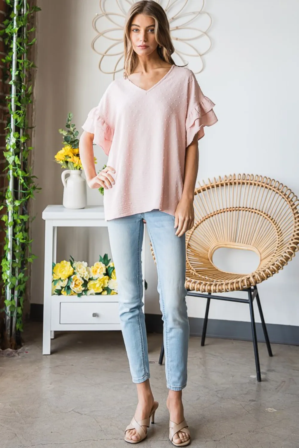 Full Size Swiss Dot Ruffle Short Sleeve Top, image 7