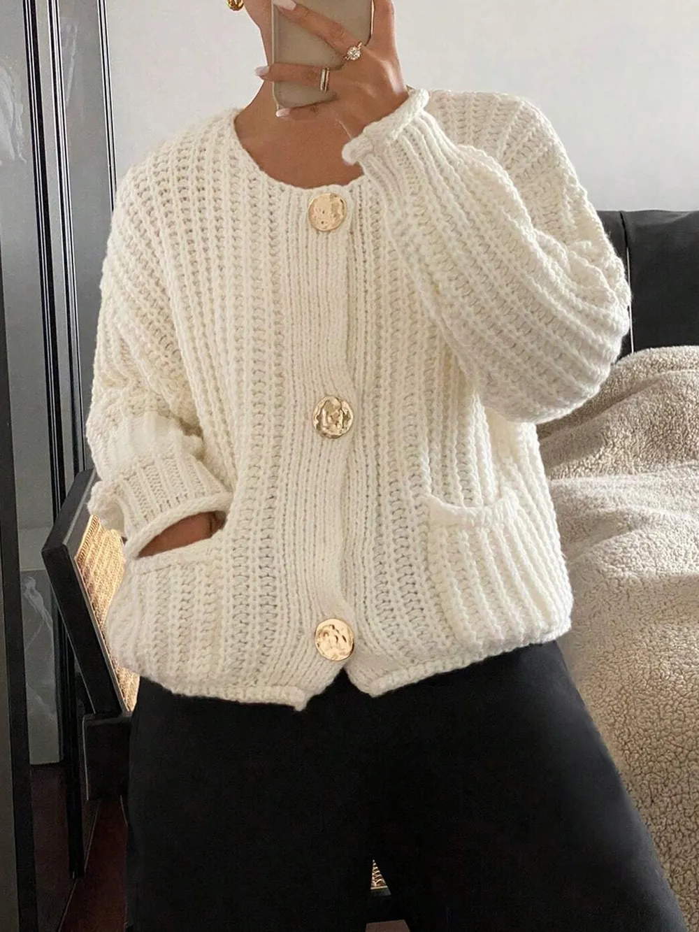 Button-Front Knit Cardigan with Pockets, image 3