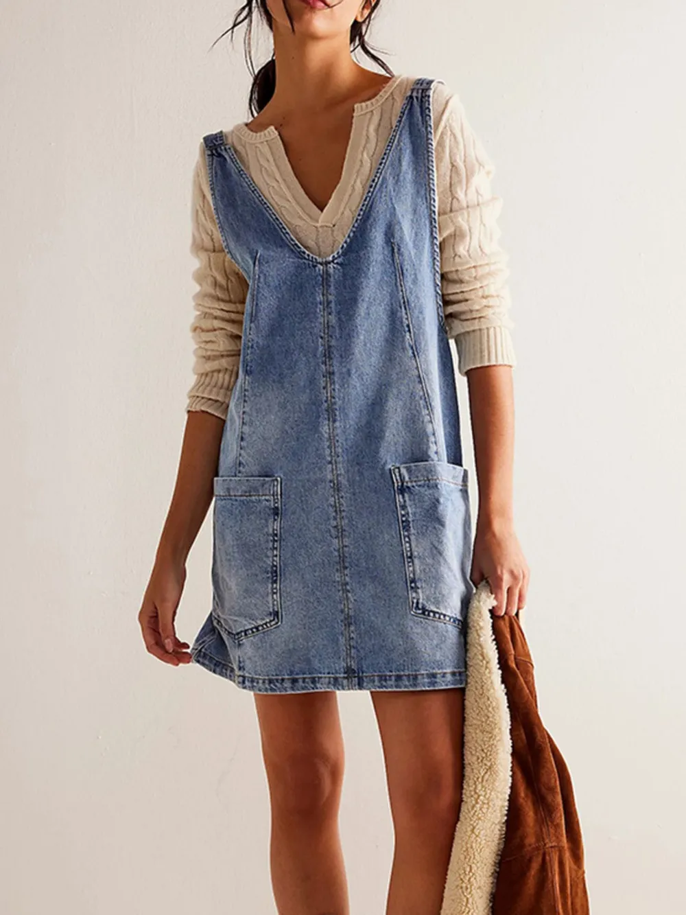Oversized V-Neck Denim Tank Dress with Front Pockets, image 4