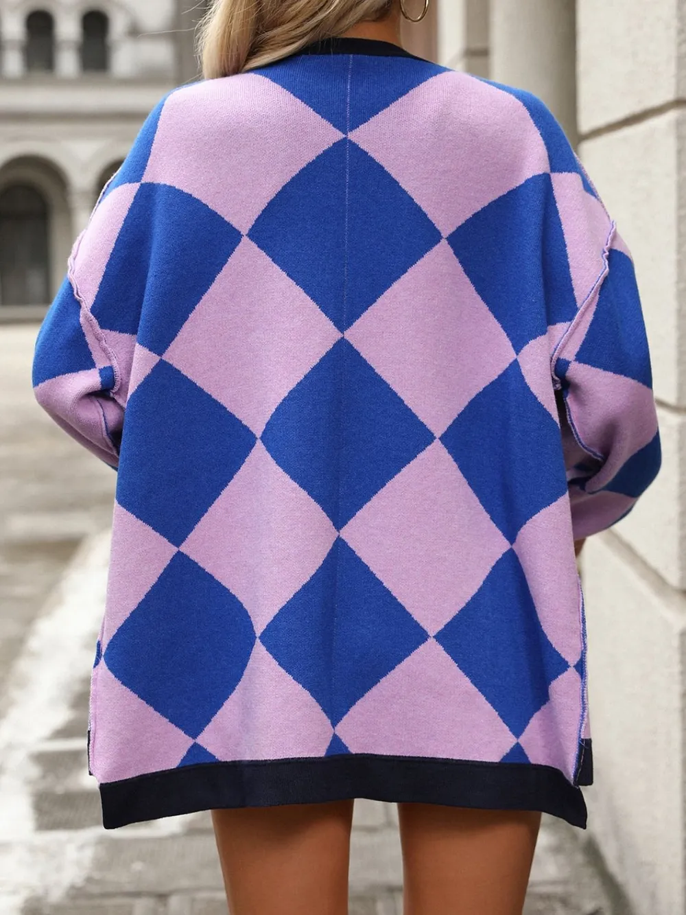 Checkered Dropped Shoulder Long Sleeve Cardigan, image 3